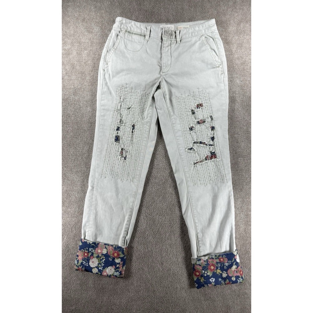 Anthropologie Chino Relaxed Patchwork Pants Floral Cuff Stitch‎ Detail Size 28